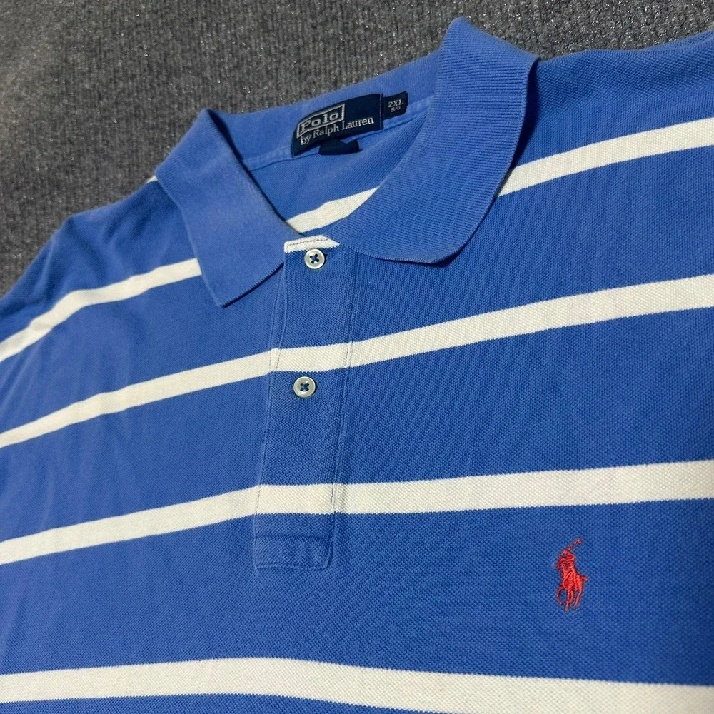 Polo Ralph Lauren Mens 2XL Big Blue White Striped Short Sleeve Pique Polo Shirt